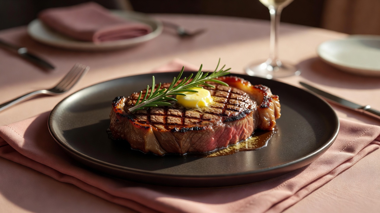Charred aged ribeye on a dark plate