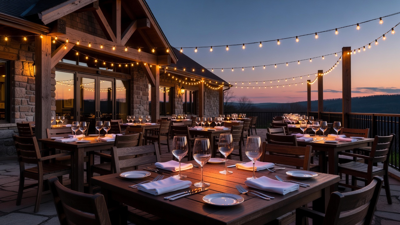 Dusk patio tables at Char House with warm string lights and place settings